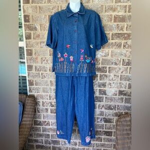 Sara Studio Embroidered Denim Shirt Capris size XL bird houses embroidered